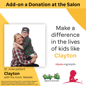 A St. Jude patient in a flannel shirt hugging his mom who is also in a flannel shirt. Add on donation at the salon