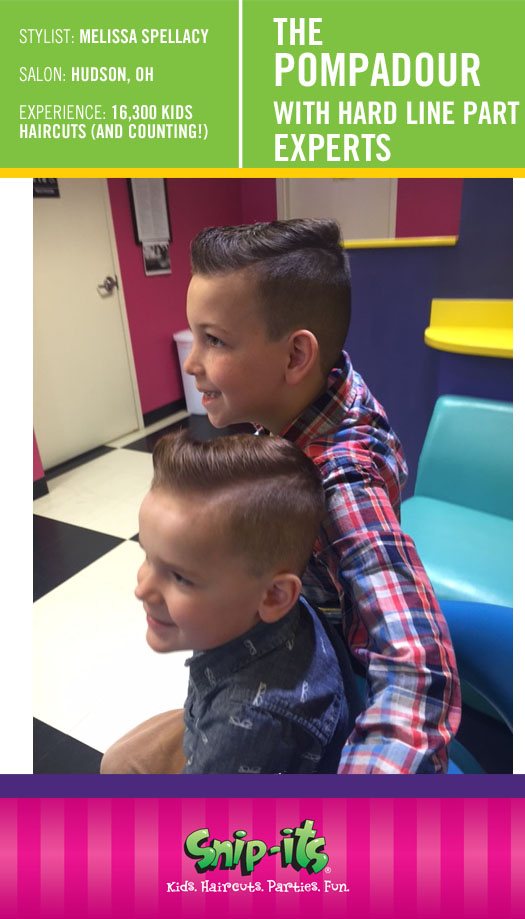 Two boys showing off their Pompadour haircuts from Snip-its.