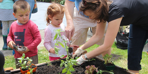 A young boy and girl watching their mom plant in a garden outside.